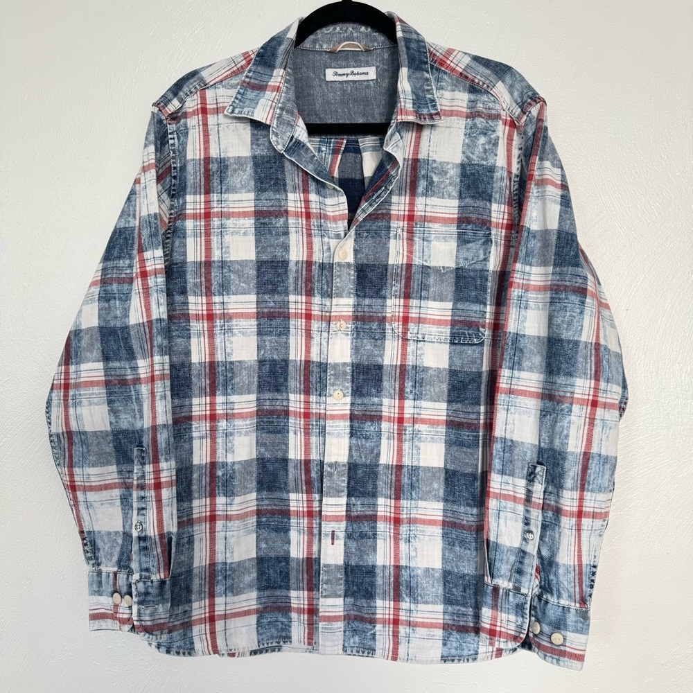 Tommy Bahama Shirt Men’s Large Button Up Hazy Days Plaid Red White Blue Western